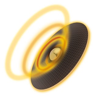 Dark, round tape with a lattice pattern and a gold-coloured sphere in the centre. Orange and yellow circles radiate out from the sphere, symbolising energy. Behind them are two bright yellow ellipses representing movement and radiance.