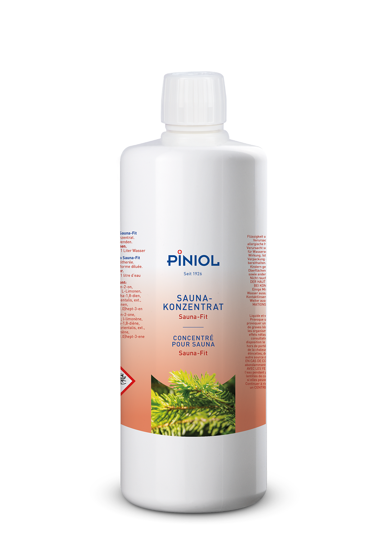 Flacon blanc avec bouchon à vis pour le concentré pour sauna « Piniol ». Étiquette indiquant le nom du produit en allemand et en français, ainsi qu’un gros plan d’aiguilles de sapin vertes fraîches sur fond orange, évoquant l’arôme «Alpenrausch».