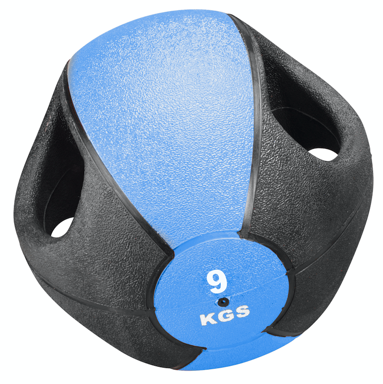 Ballon médicinal Esfera robuste avec poignée bleue et noire, surface texturée. Quatre rainures pour une prise en main sûre. Surface bleue avec inscription « 9 KGS ». Appareil polyvalent pour musculation et rééducation.