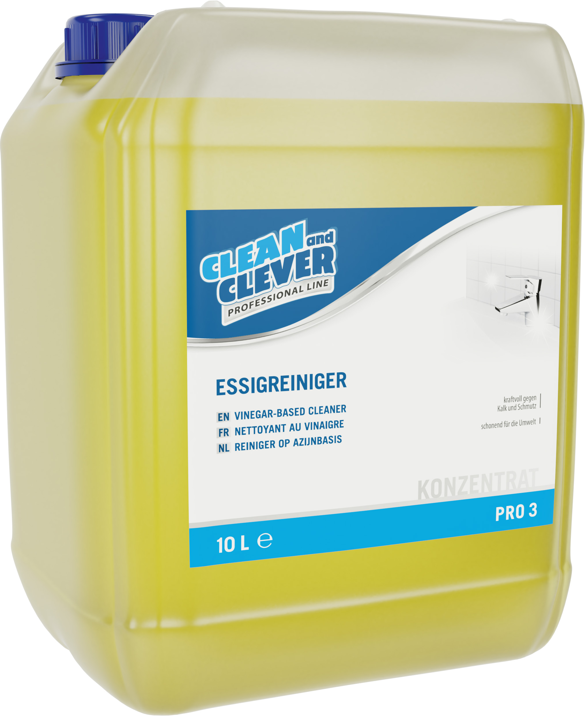 Tanica trasparente gialla da 10 litri con detergente all'aceto «Clean and Clever», tappo blu. Etichetta: «Detergente all'aceto PRO 3 concentrato» con azione pulente contro calcare e sporco. Liquido giallo chiaro.