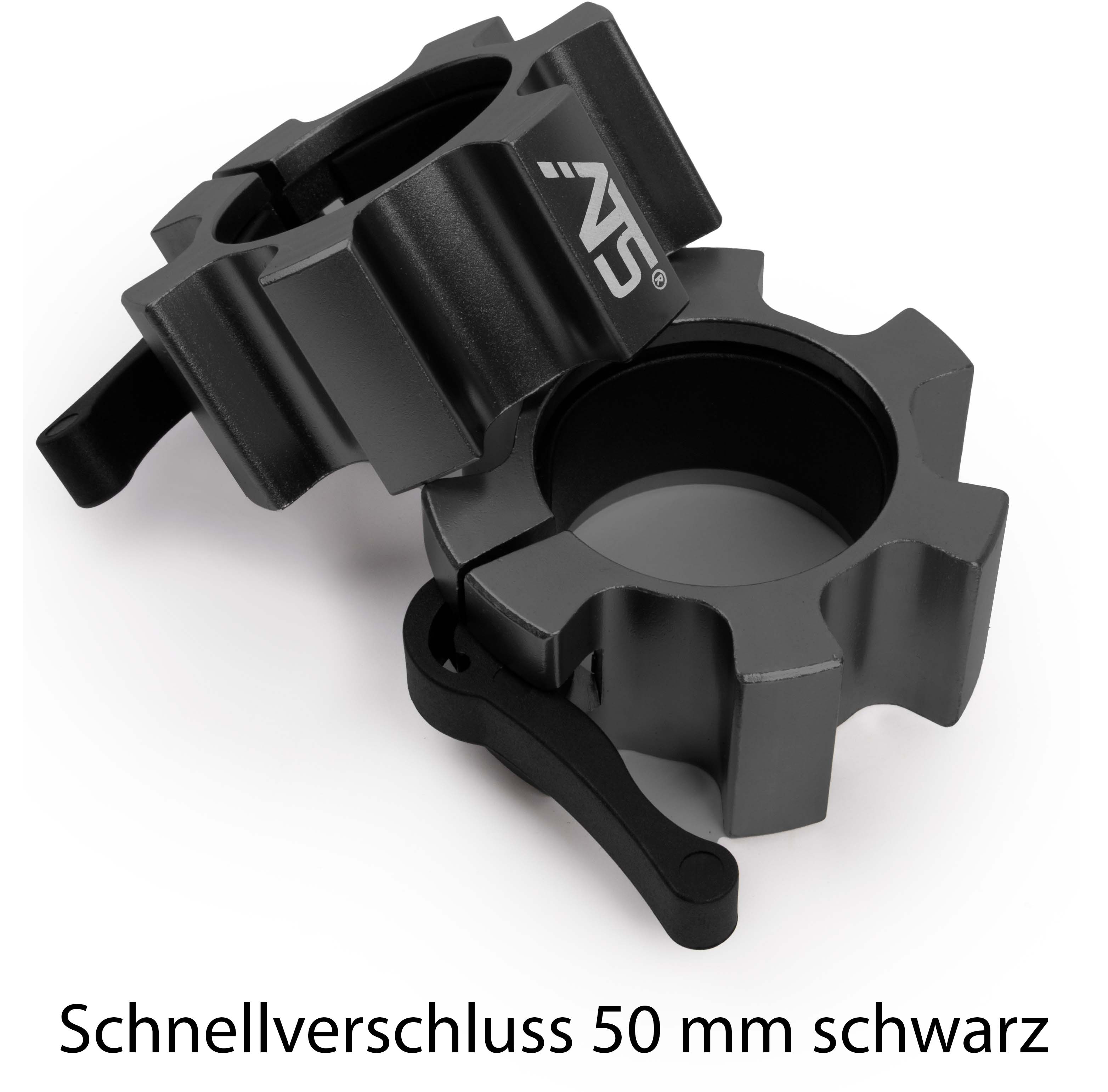 Deux attaches rapides noires robustes pour barres d'haltères 50 mm, disposées en diagonale l'une au-dessus de l'autre sur fond blanc. Avec levier de serrage et logo « ATS ». Fixation rapide et sûre, empêche tout glissement.