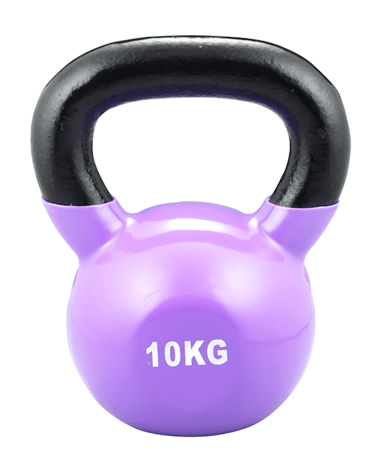 Kettlebell violet « Trendy Sport » avec revêtement en vinyle et poignée moulée noire sur fond blanc. Sur la partie bombée, inscription «10 kg» en majuscules blanches. Idéal pour l'entraînement de la force, souplesse et coordination.