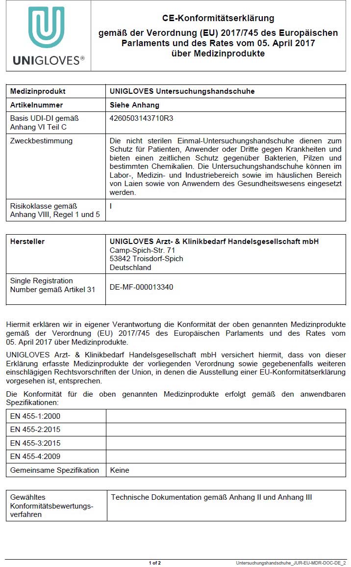 Offizielle CE-Konformitätserklärung für Unigloves Untersuchungshandschuhe als unsterile Einmalhandschuhe nach EU-Verordnung 2017/745. Enthält Zweckbestimmung, Hersteller und Prüfnormen wie EN 455 für Schutz vor Bakterien, Pilzen, Chemikalien.