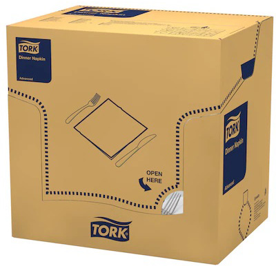 Boîte carton marron clair de serviettes TORK Advanced. Illustration d’une serviette pliée avec fourchette/couteau. Mention « OPEN HERE » + flèche sur la perforation. Serviettes blanches 3 plis visibles.