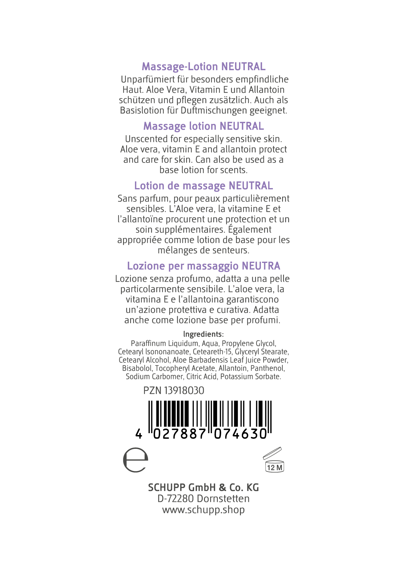 Retro confezione lozione massaggio neutra: info multilingue su tollerabilità cutanea, formula senza profumo e ingredienti nutrienti (aloe vera). Elenco ingredienti, codice PZN, codice a barre e produttore Schupp.