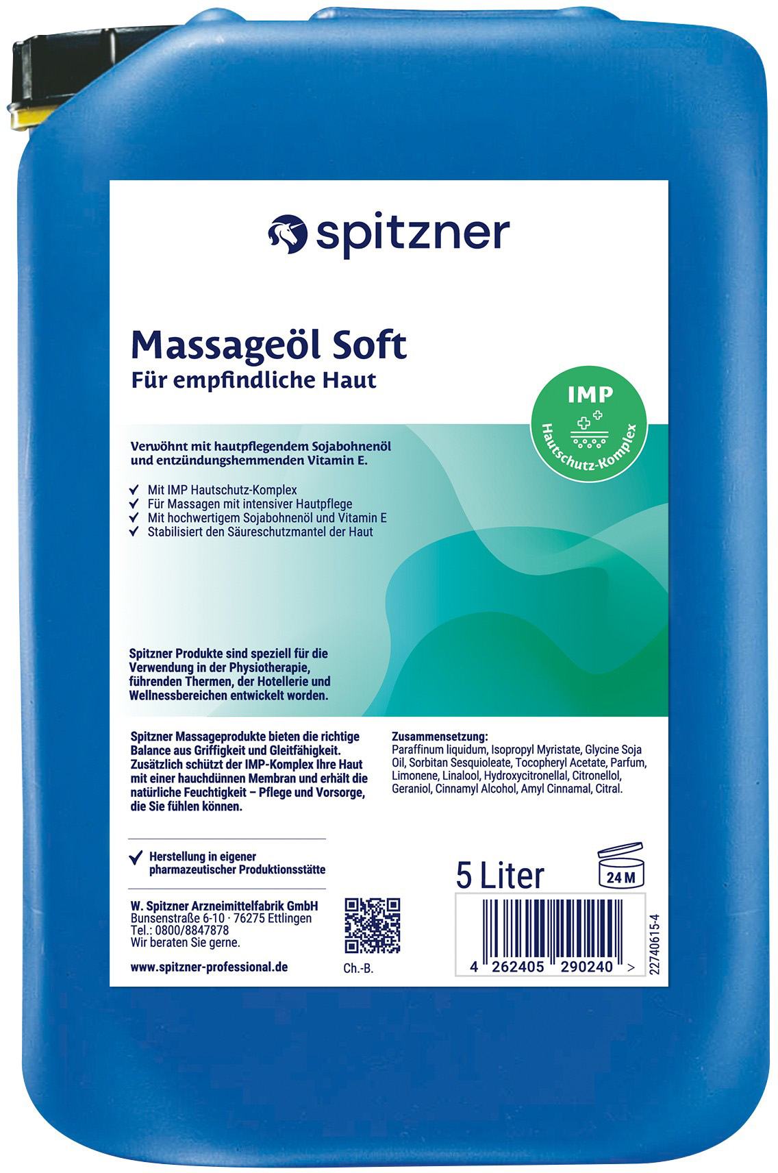 On voit de face un grand bidon bleu de 5 litres d'huile de massage Soft « Spitzner » pour peaux sensibles. L'étiquette mentionne l'huile de soja, la vitamine E et le complexe IMP, pour soigner et stabiliser le manteau acide.
