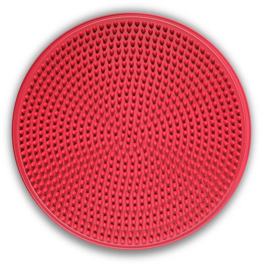 Red, round balance cushion with textured surface and many small raised bumps. Used as a balance or ball seat cushion, it promotes balance and coordination, strengthens back muscles, and is ideal for physiotherapy and active sitting.