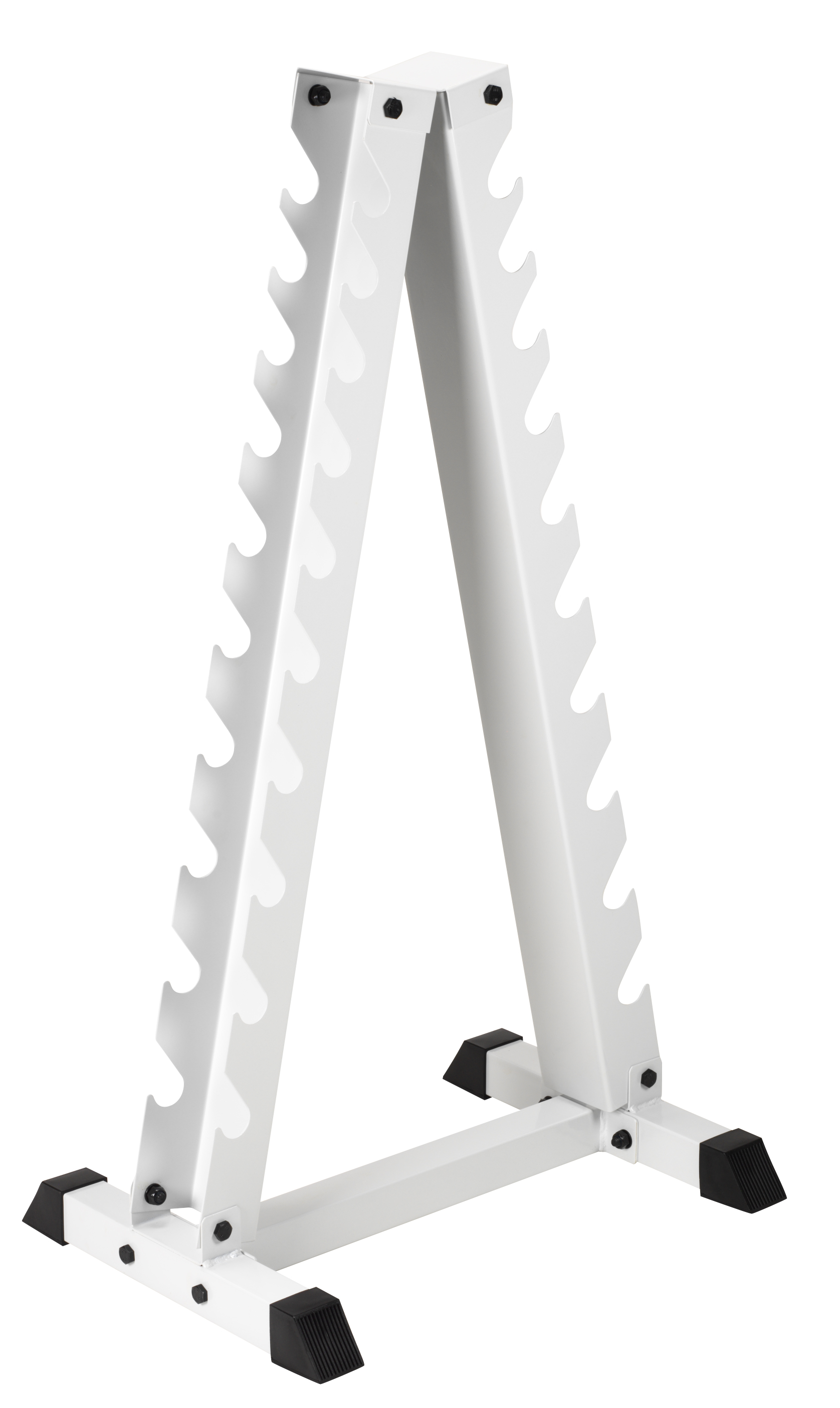 Support à haltères blanc et robuste en forme de A, range 10 paires d'haltères chromés. Deux colonnes verticales avec 10 supports ondulés pour les poignées. Base large avec embouts noirs de protection pour stabilité.