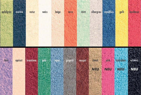 Colour chart featuring 22 terry cloth samples for lounger covers, arranged in two rows. A wide range of colours from apple green, navy blue, natural, white, beige, mint and royal blue through to black. Four new shades (e.g. pink, turquoise) marked ‘NEW’.