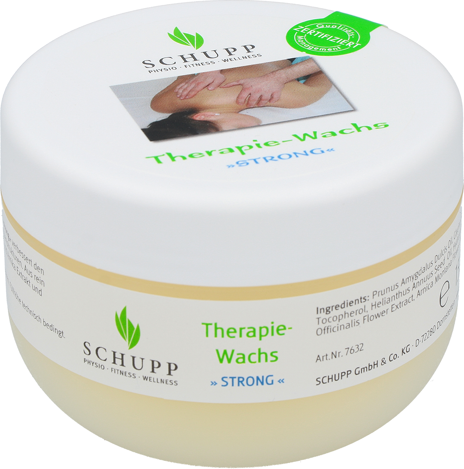Contenitore rotondo per cera terapeutica Strong Schupp, bianco-giallo chiaro. Coperchio bianco con immagine di mani che massaggiano nuca e parte alta della schiena, e sigillo verde «Qualità certificata». Testo «Cera terapeutica STRONG».