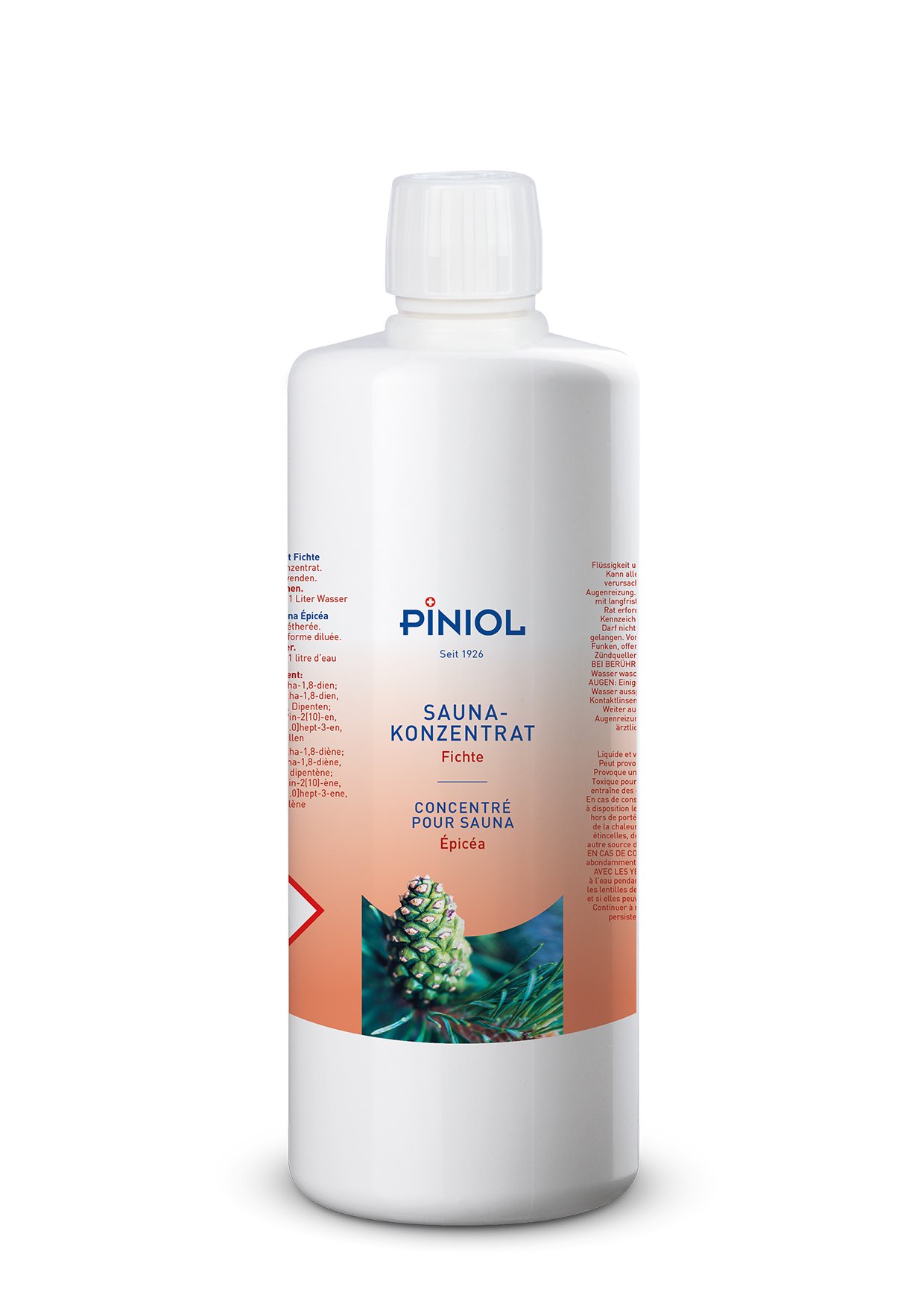 Bouteille blanche de concentré pour sauna « Épicéa » Piniol, étiquette orange et illustration d'une pomme de pin verte avec aiguilles. Concentré 1 litre pour une expérience revitalisante, stimule la circulation sanguine cutanée.