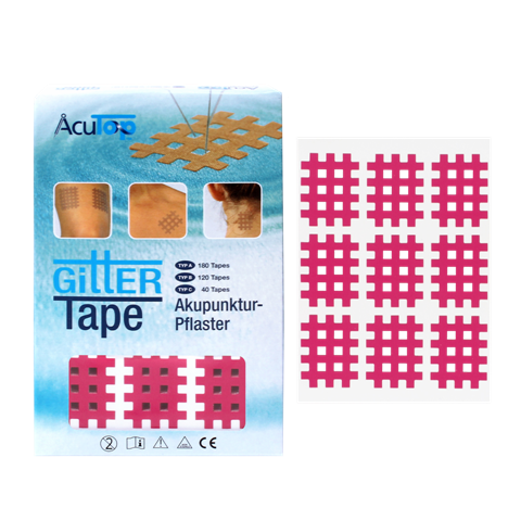 Produktverpackung für AcuTop Gittertape Akupunktur-Pflaster in Blau und Weiss. Abgebildet: grosse beigefarbene Tapes auf Arm, Schulter und Nacken sowie Akupunkturnadeln. Daneben ein Bogen mit 12 rosafarbenen XXL Gittertapes.