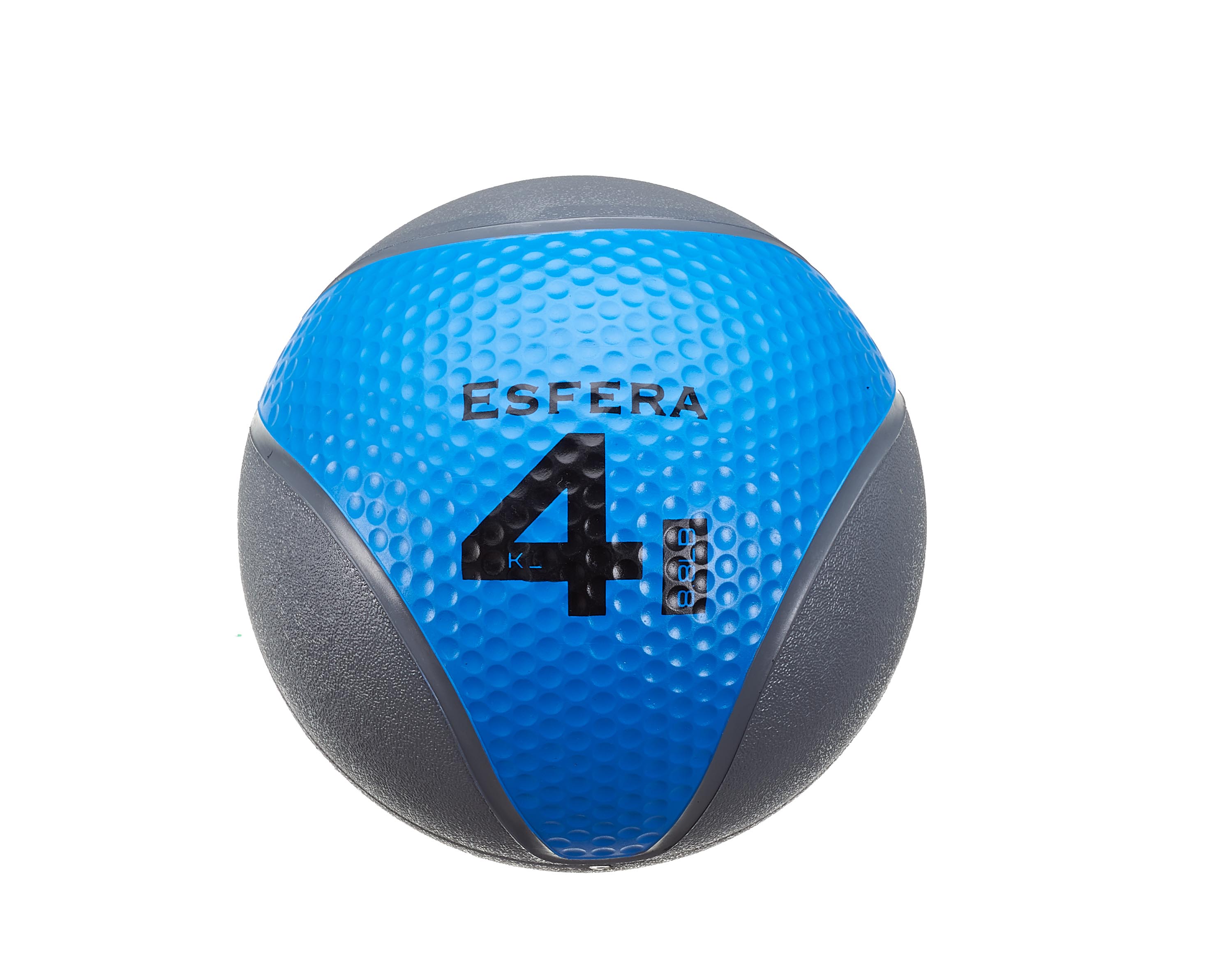 Ballon médicinal Esfera rond, bleu et gris, avec une surface à picots sur fond blanc. La partie bleue comporte le chiffre « 4 » en grand et l'inscription « ESFERA », indiquant un poids de 4 kg. Texture rugueuse pour une meilleure prise en main.