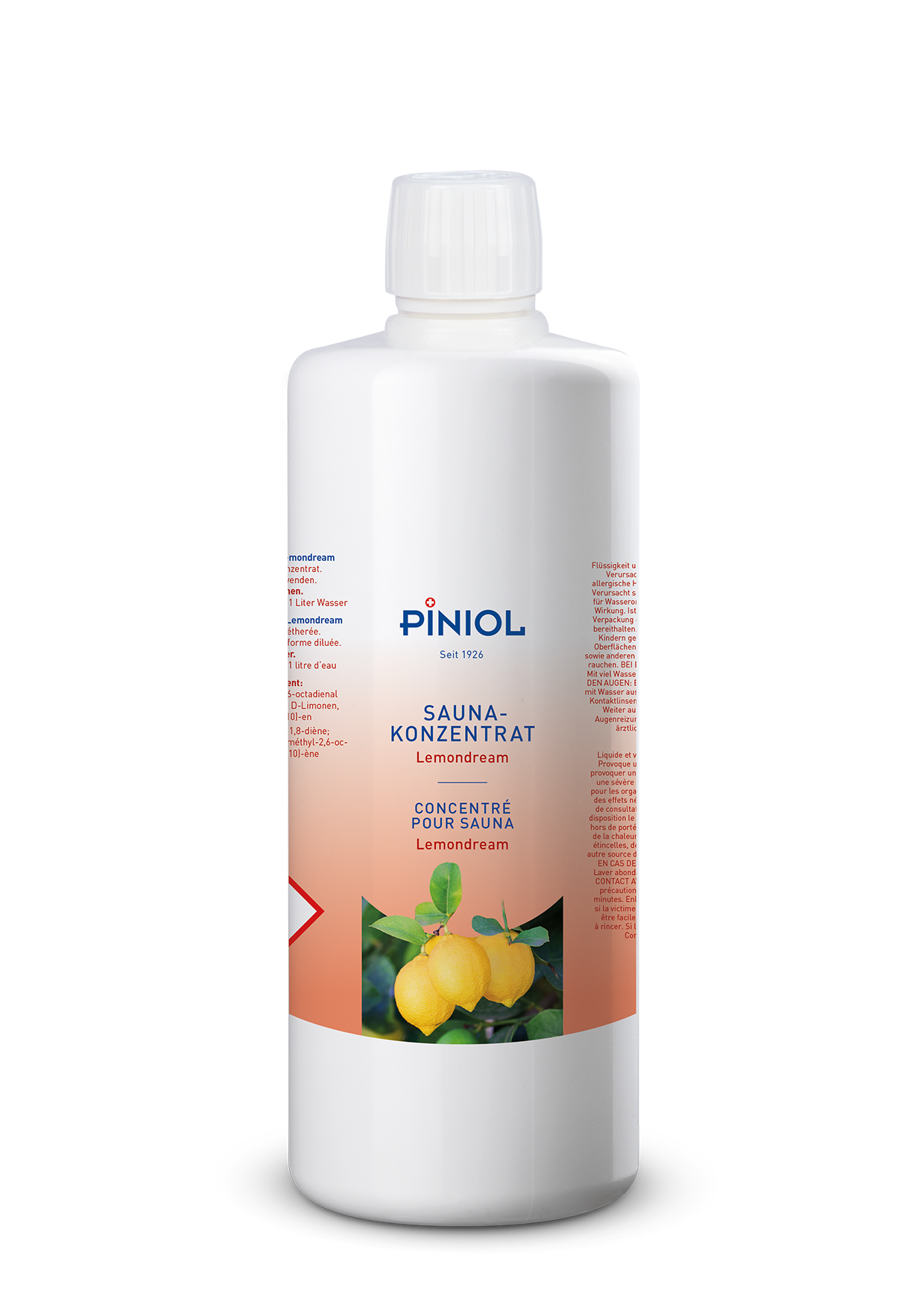 Flacon blanc « Piniol » de concentré sauna Lemondream, avec logo et nom. En bas, bande orange montrant deux citrons jaunes sur une branche aux feuilles vertes. Évoque un parfum frais et revitalisant pour sauna.