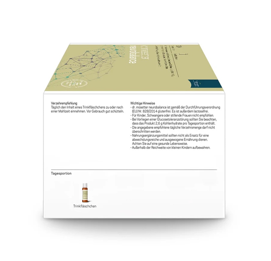 Verso d'un emballage crème du complément alimentaire Dr. Mosetter Neurobalance. En haut : nom du produit et illustration abstraite d'un réseau neuronal. En bas : « Conseils d'utilisation », « Remarques importantes » et petite bouteille marron.