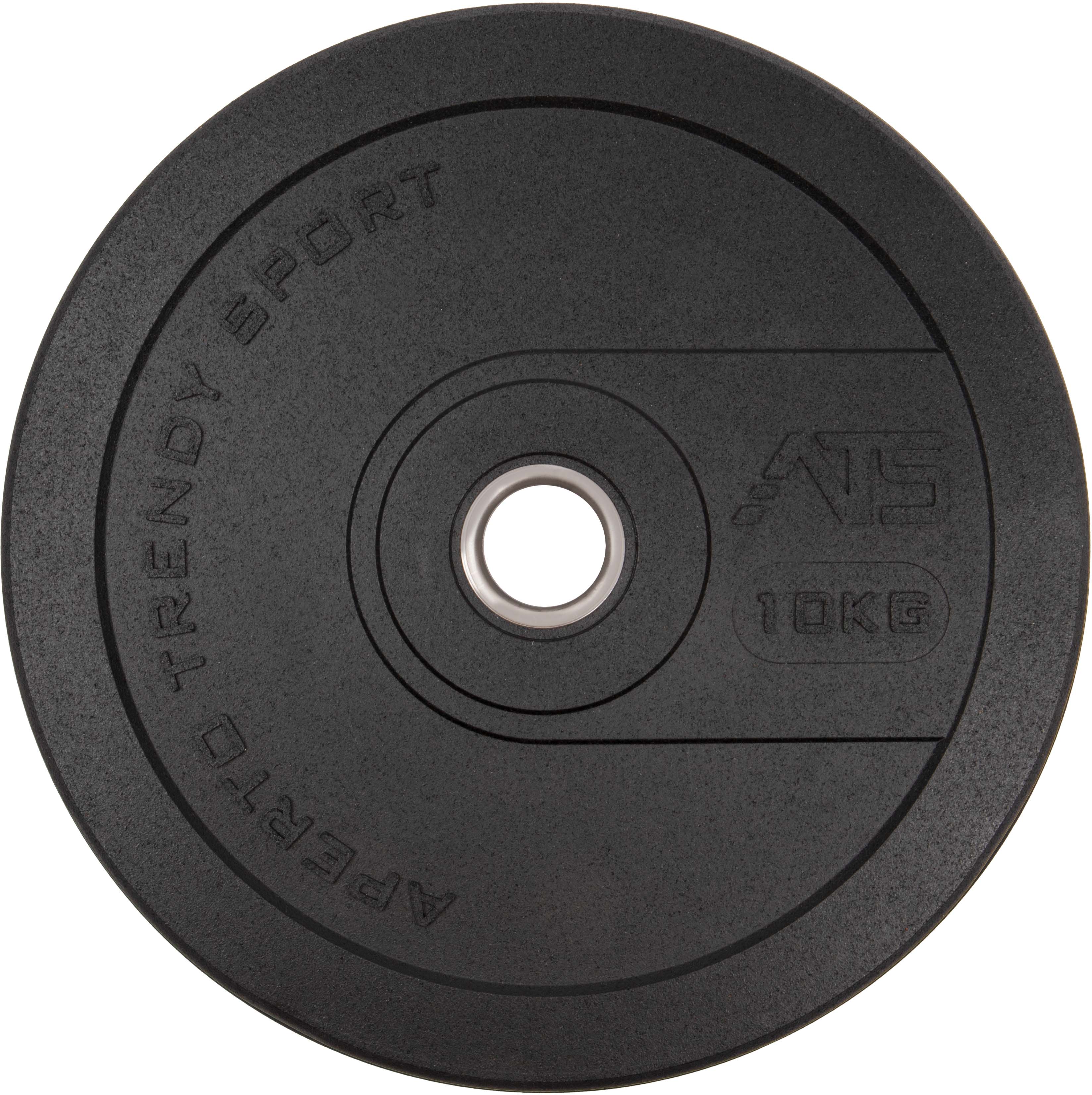 Disque de musculation rond noir (bumper plate) en caoutchouc légèrement granuleux. Anneau central métallique argenté pour barres d'haltères. Inscription « APERTD Trendy Sport », logo « ATS » et « 10KG » au centre.