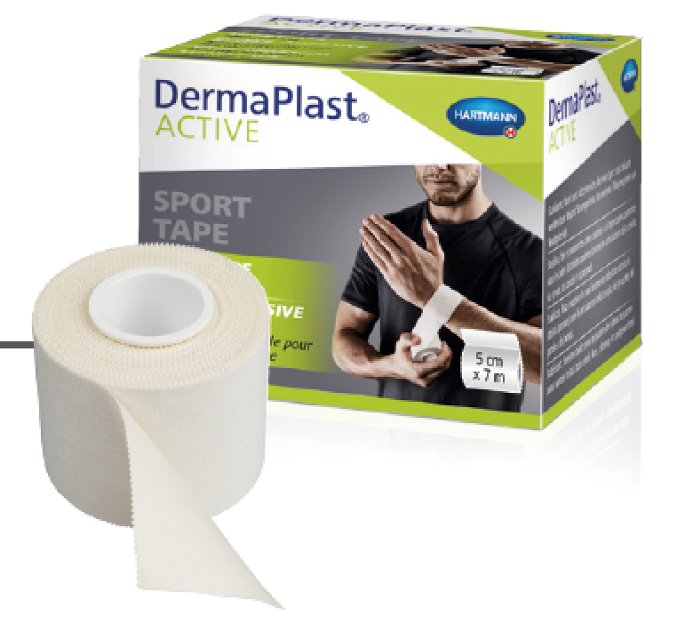 Light beige DermaPlast ACTIVE sports tape, partly unrolled, in the foreground. Behind it is the packaging: a man is wrapping the tape around his wrist; dimensions 5 cm x 7 m; ‘ Hartmann ’ logo. For physiotherapy and sports injuries.
