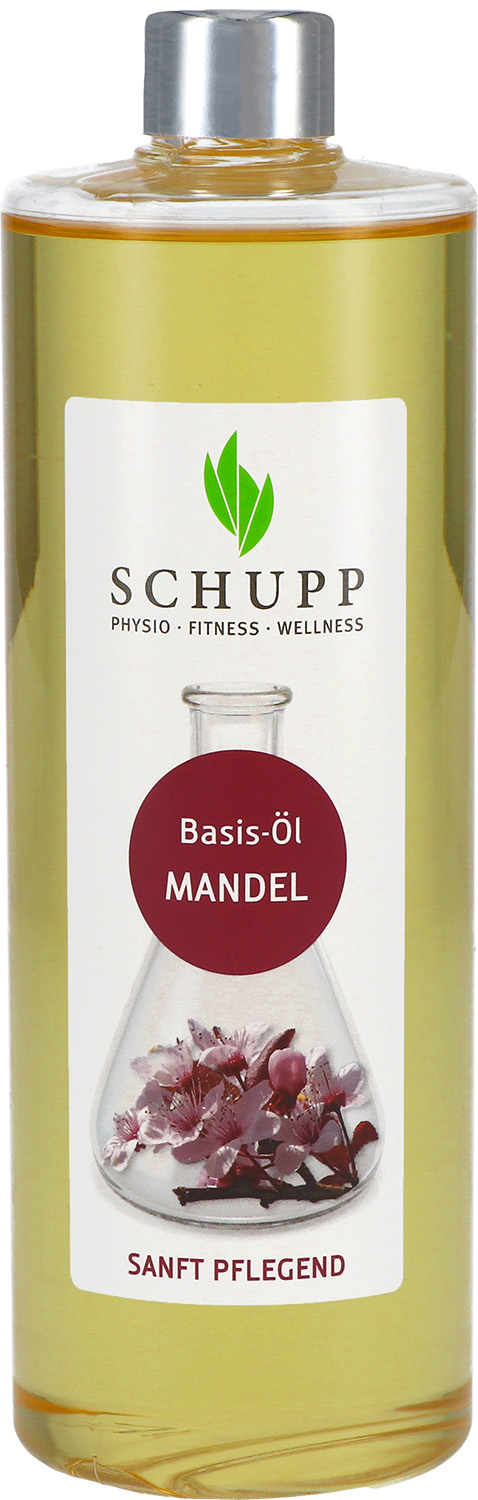 Flacone trasparente con olio base Schupp alla mandorla, giallo dorato, per pelli sensibili. Etichetta bianca con logo, scritta "Olio base MANDORLA" e provetta con fiori di mandorlo rosa. In basso: "Cura delicata".