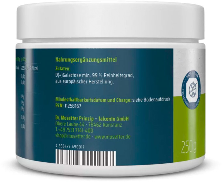 Rückseite eines weissen zylindrischen Behälters mit D+ Galactose. Dunkelblaues Etikett: "Nahrungsergänzungsmittel", Inhaltsstoffe "D(+)Galactose min. 99 % Reinheitsgrad", Dr. Mosetter Prinzip, PZN, Kontakt, Barcode, "250g".