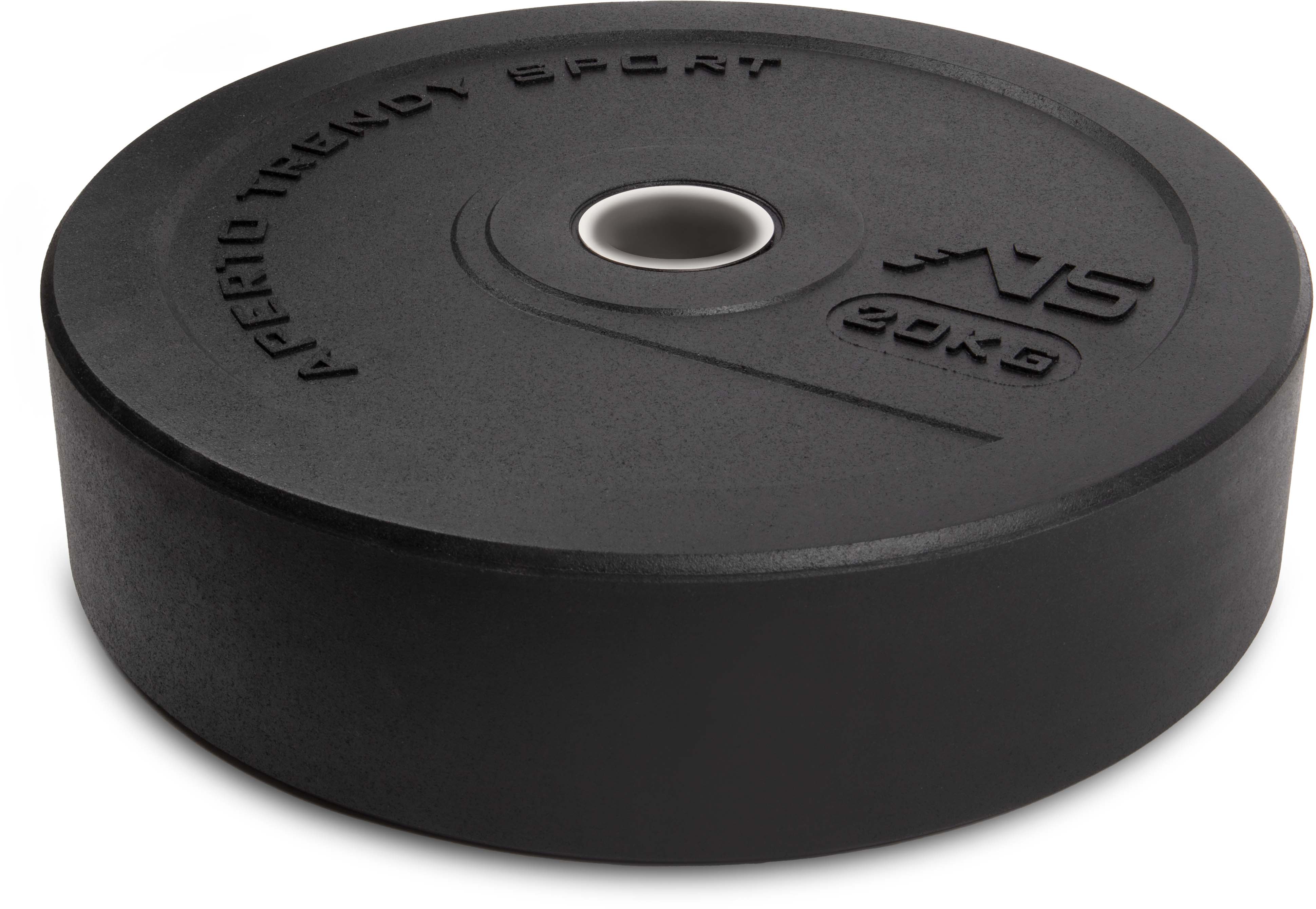 Disque de musculation rond et noir (Bumper Plate) en granulés de caoutchouc recyclé, avec une surface légèrement grainée. Au centre, un trou clair pour la barre d'haltères. Avec les inscriptions en relief « APERTO Trendy Sport » et « 20 kg ».