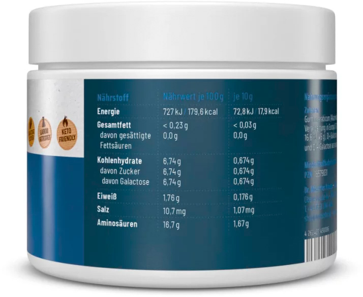 Dos emballage « Dr. Mosetter Prinzip » T04 Sakara : tableau nutritionnel pour 100 g/10 g (énergie, lipides, glucides : sucres/galactose, protéines, sel, acides aminés). Labels : TESTÉ EN LABORATOIRE, COMPATIBLE RÉGIME CÉTO.