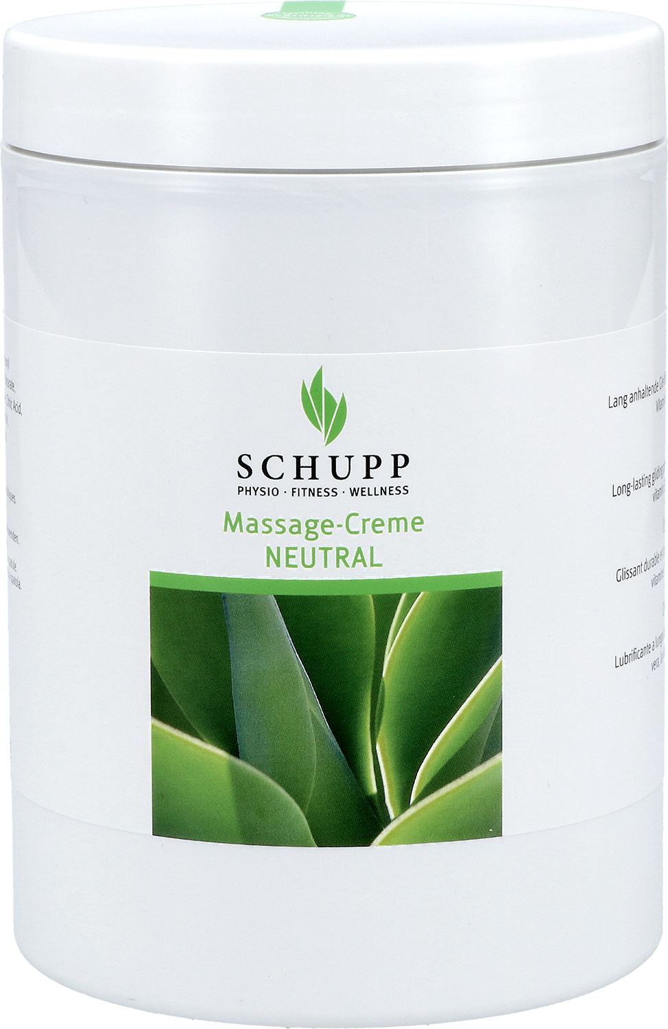 Grande barattolo bianco con etichetta per crema da massaggio neutra Schupp. Etichetta con marchio e nome del prodotto in verde. Sotto, immagine di foglie verdi rigogliose, forse aloe vera. Neutra, nutriente, ideale per massaggi.
