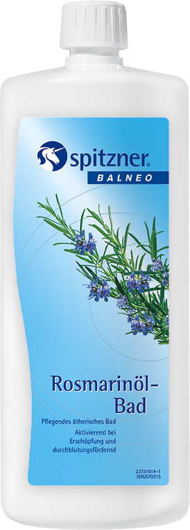 Flacon haut blanc « Spitzner » Balneo, bain à l'huile de romarin, étiquette bleue. Illustration : brins de romarin verts avec petites fleurs violettes. Texte : bain aux huiles essentielles nourrissant et revitalisant en cas de fatigue.