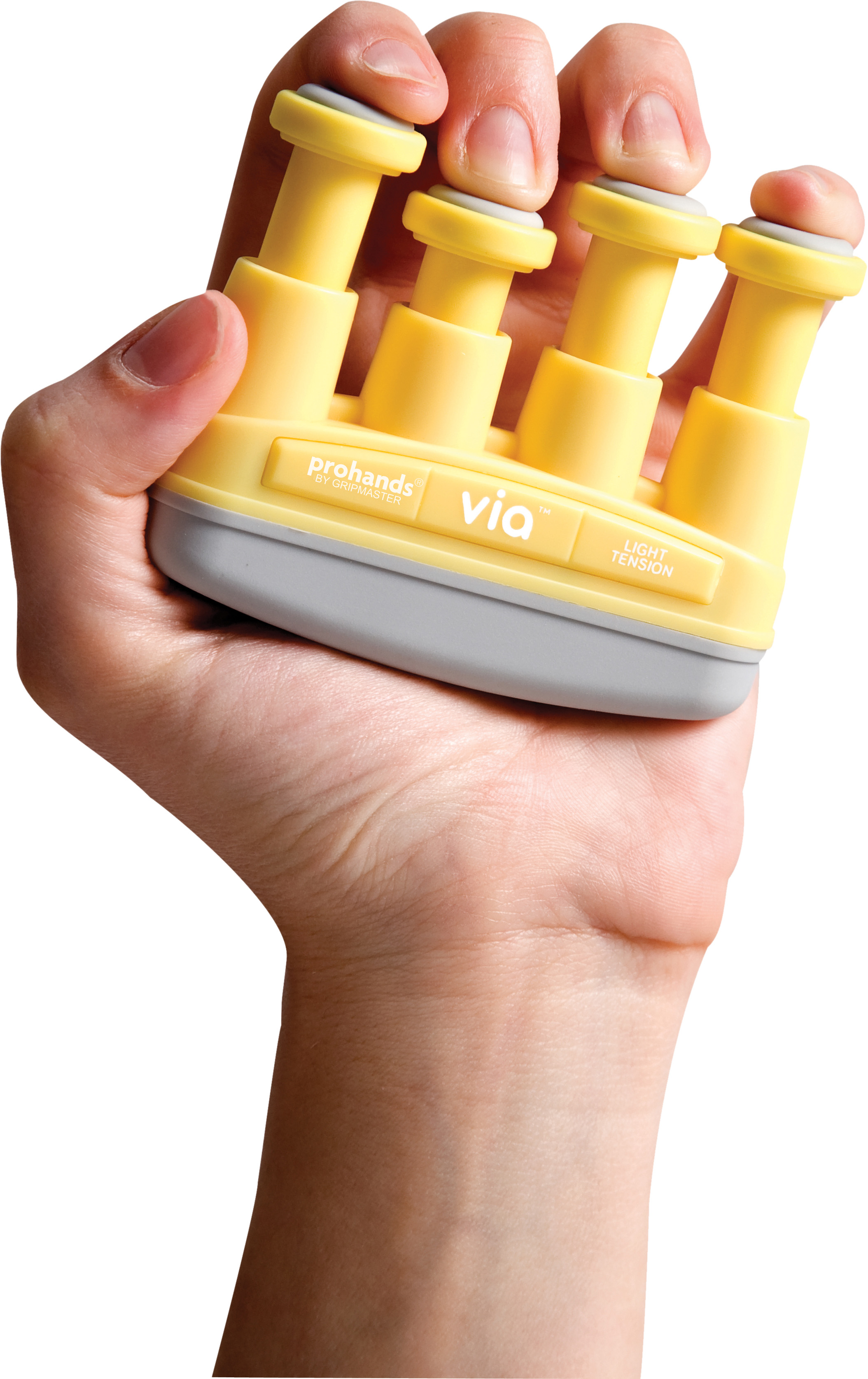 Right hand holds a yellow Prohands Via hand trainer. Fingers press four yellow pistons with grey tops to strengthen hand and finger muscles. The device reads ‘prohands BY GRIPMASTER’, ‘via’ and ‘LIGHT TENSION’.